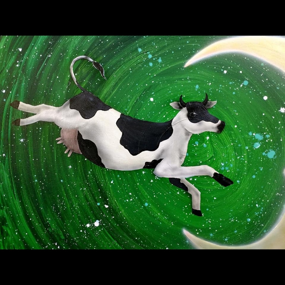 Cow over the moon acrylic painting canvas